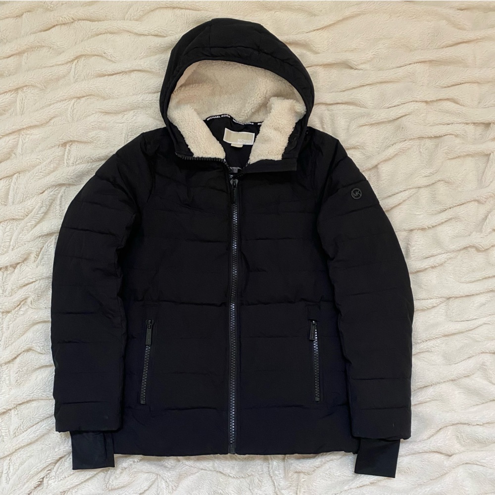 Michael Kors black quilted hooded winter puffer jacket black fleece Sz S
